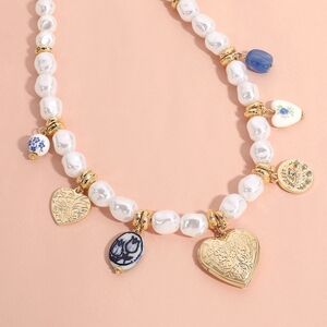 Gold Evil Eye Ceramic Ball Heart Locket Charm Pendant Station Pearl Necklace